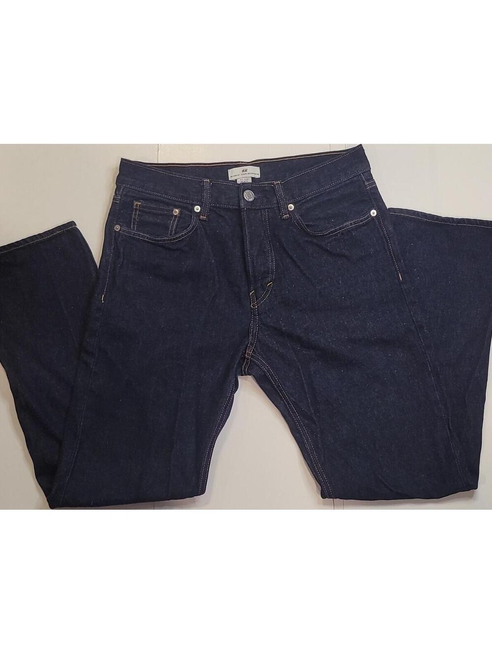 H&M Men's Dark Wash Blue Denim Straight Leg Jeans Relaxed Fit Button 5-Pocket